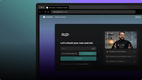 Browser window open to a Riverside.fm studio setup page showing webcam preview of a man speaking and options to check camera and microphone settings.